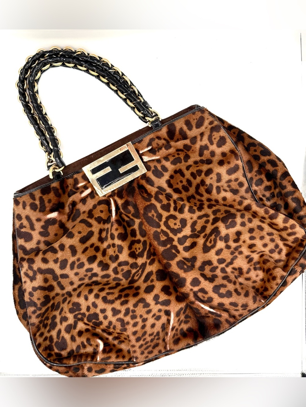 Fendi Leopard-Print Ponyhair Large Mia Baguette Shoulder Bag